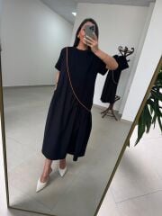 Dr 2575 Turuncu Şerit Geçişli Kısa Kollu Elbise