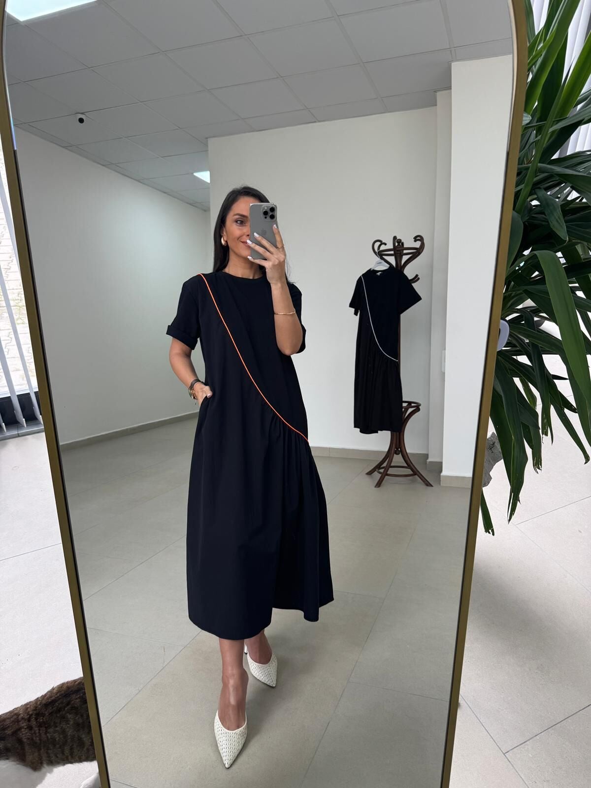 Dr 2575 Turuncu Şerit Geçişli Kısa Kollu Elbise