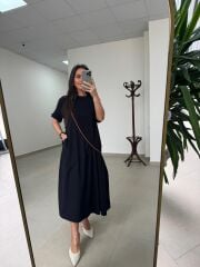 Dr 2575 Turuncu Şerit Geçişli Kısa Kollu Elbise