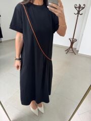 Dr 2575 Turuncu Şerit Geçişli Kısa Kollu Elbise