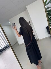 Dr 2575 Turuncu Şerit Geçişli Kısa Kollu Elbise