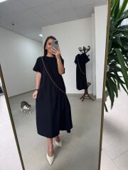 Dr 2575 Turuncu Şerit Geçişli Kısa Kollu Elbise