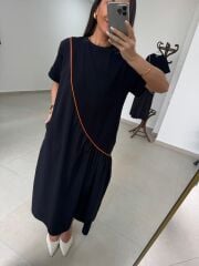 Dr 2575 Turuncu Şerit Geçişli Kısa Kollu Elbise