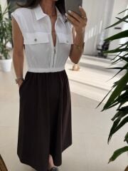 Ms 08 Kahve/Beyaz Gömlek Yaka Poplin Midi Elbise