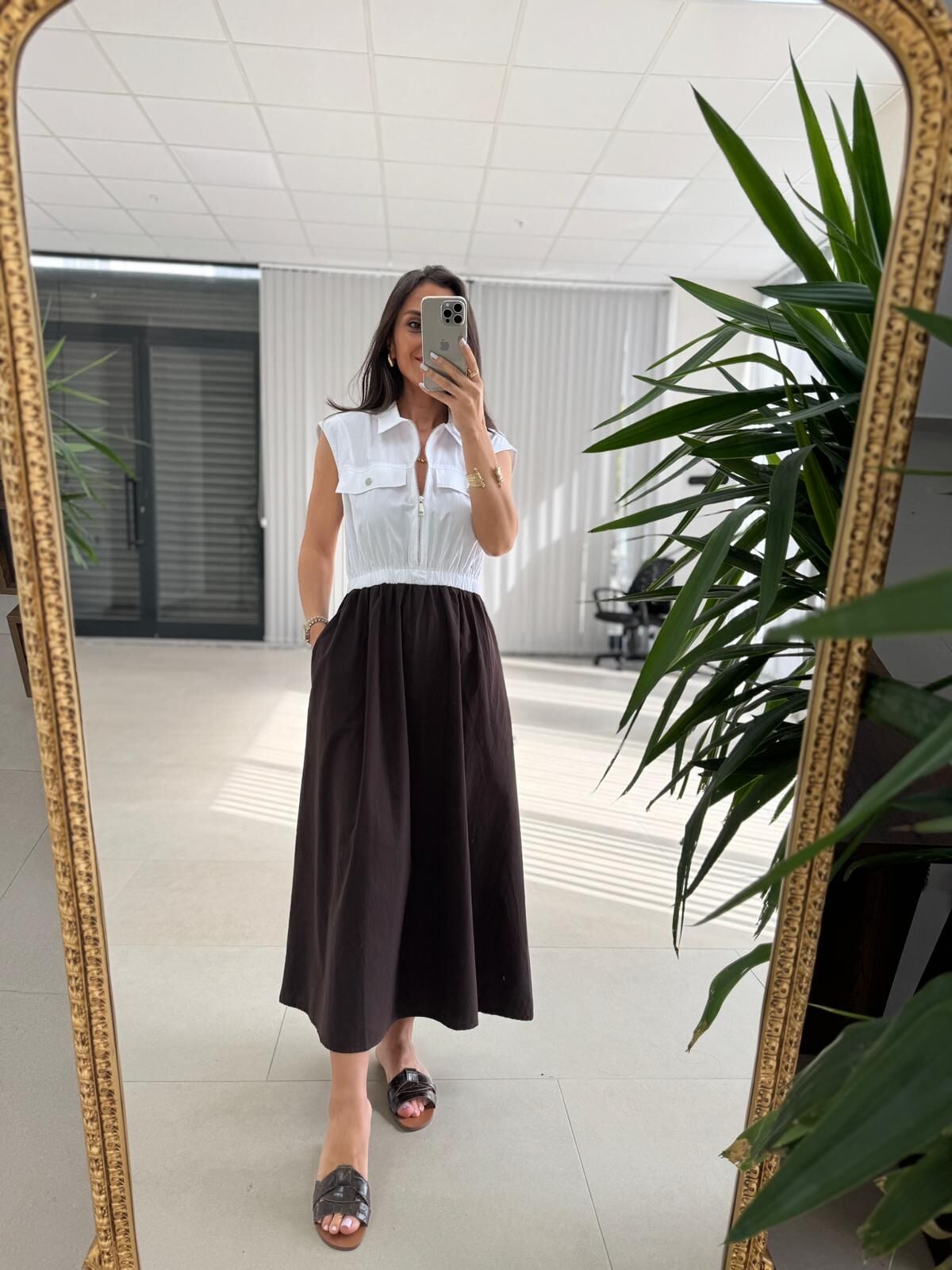 Ms 08 Kahve/Beyaz Gömlek Yaka Poplin Midi Elbise