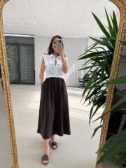 Ms 08 Kahve/Beyaz Gömlek Yaka Poplin Midi Elbise