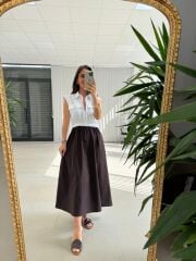 Ms 08 Kahve/Beyaz Gömlek Yaka Poplin Midi Elbise