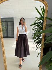Ms 08 Kahve/Beyaz Gömlek Yaka Poplin Midi Elbise
