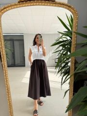 Ms 08 Kahve/Beyaz Gömlek Yaka Poplin Midi Elbise