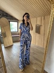 Gofre mavi geçişli tulum