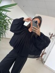 Fp 4959 Yaka Büzgülü Siyah Bluz