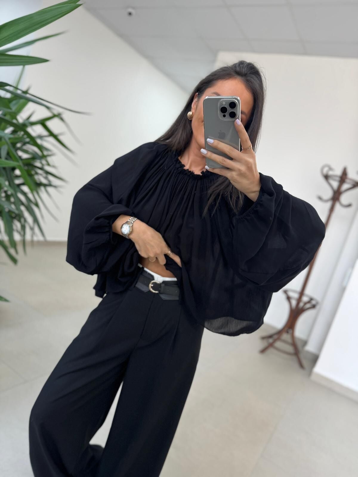 Fp 4959 Yaka Büzgülü Siyah Bluz