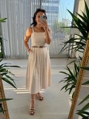Sg Strappy Front Pleated Detail Striped Mink Dress