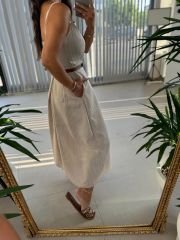 Sg Strappy Front Pleated Detail Striped Mink Dress