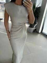 My 3735 Omuz Vatkalı Bel Drapeli Taş Elbise