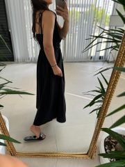 Sg İp Askılı Pamuk Keten Siyah Elbise