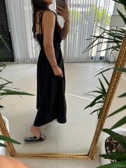 Sg İp Askılı Pamuk Keten Siyah Elbise