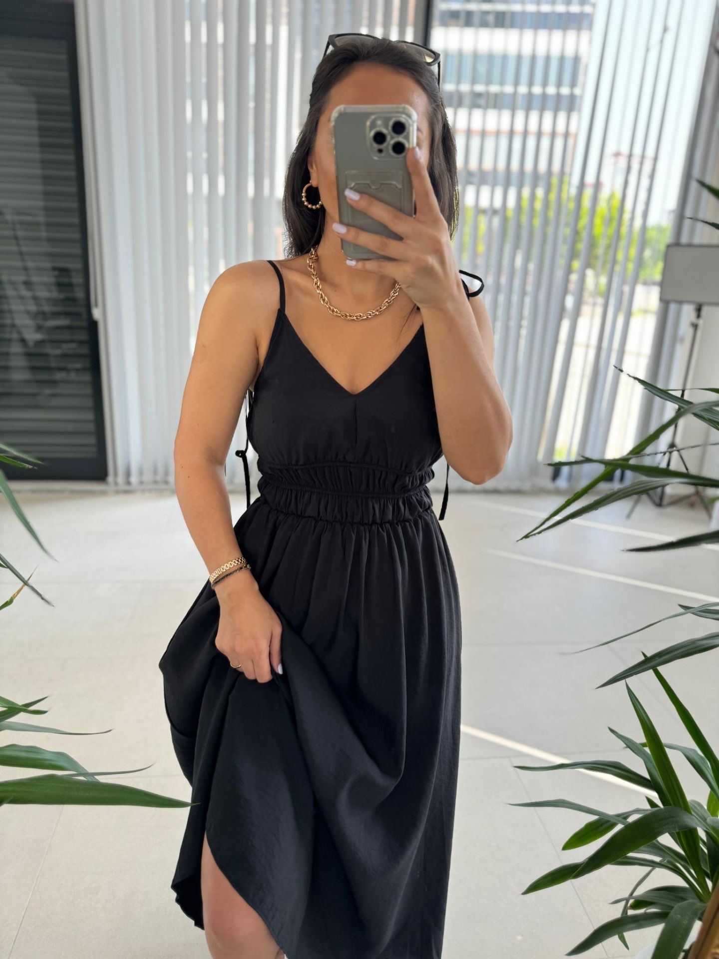 Sg İp Askılı Pamuk Keten Siyah Elbise