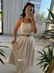 Sg Strappy Front Pleated Detail Striped Mink Dress