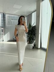 My 3735 Omuz Vatkalı Bel Drapeli Taş Elbise