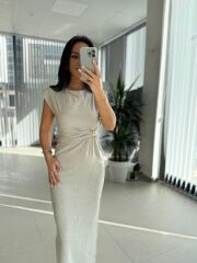 My 3735 Omuz Vatkalı Bel Drapeli Taş Elbise