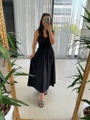 Sg İp Askılı Pamuk Keten Siyah Elbise