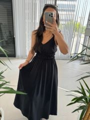 Sg İp Askılı Pamuk Keten Siyah Elbise