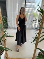 Sg İp Askılı Pamuk Keten Siyah Elbise