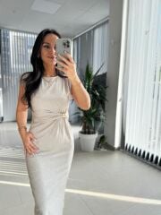 My 3735 Omuz Vatkalı Bel Drapeli Taş Elbise