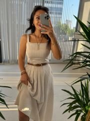 Sg Strappy Front Pleated Detail Striped Mink Dress