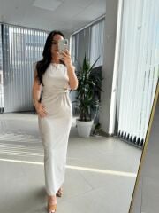 My 3735 Omuz Vatkalı Bel Drapeli Taş Elbise