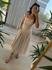 Sg Strappy Front Pleated Detail Striped Mink Dress