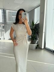 My 3735 Omuz Vatkalı Bel Drapeli Taş Elbise