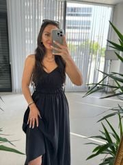 Sg İp Askılı Pamuk Keten Siyah Elbise