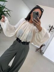 Fp 4959 Yaka Büzgülü Ekru Bluz