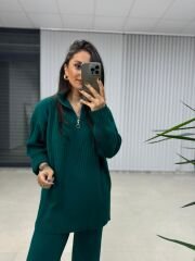 Fermuar Detaylı Yeşil Triko Takım