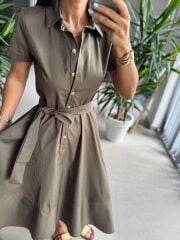 Ms 2091 Kahve Poplin Kuşaklı Gömlek Elbise