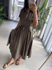 Ms 2091 Kahve Poplin Kuşaklı Gömlek Elbise