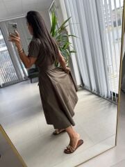 Ms 2091 Kahve Poplin Kuşaklı Gömlek Elbise
