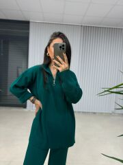 Fermuar Detaylı Yeşil Triko Takım