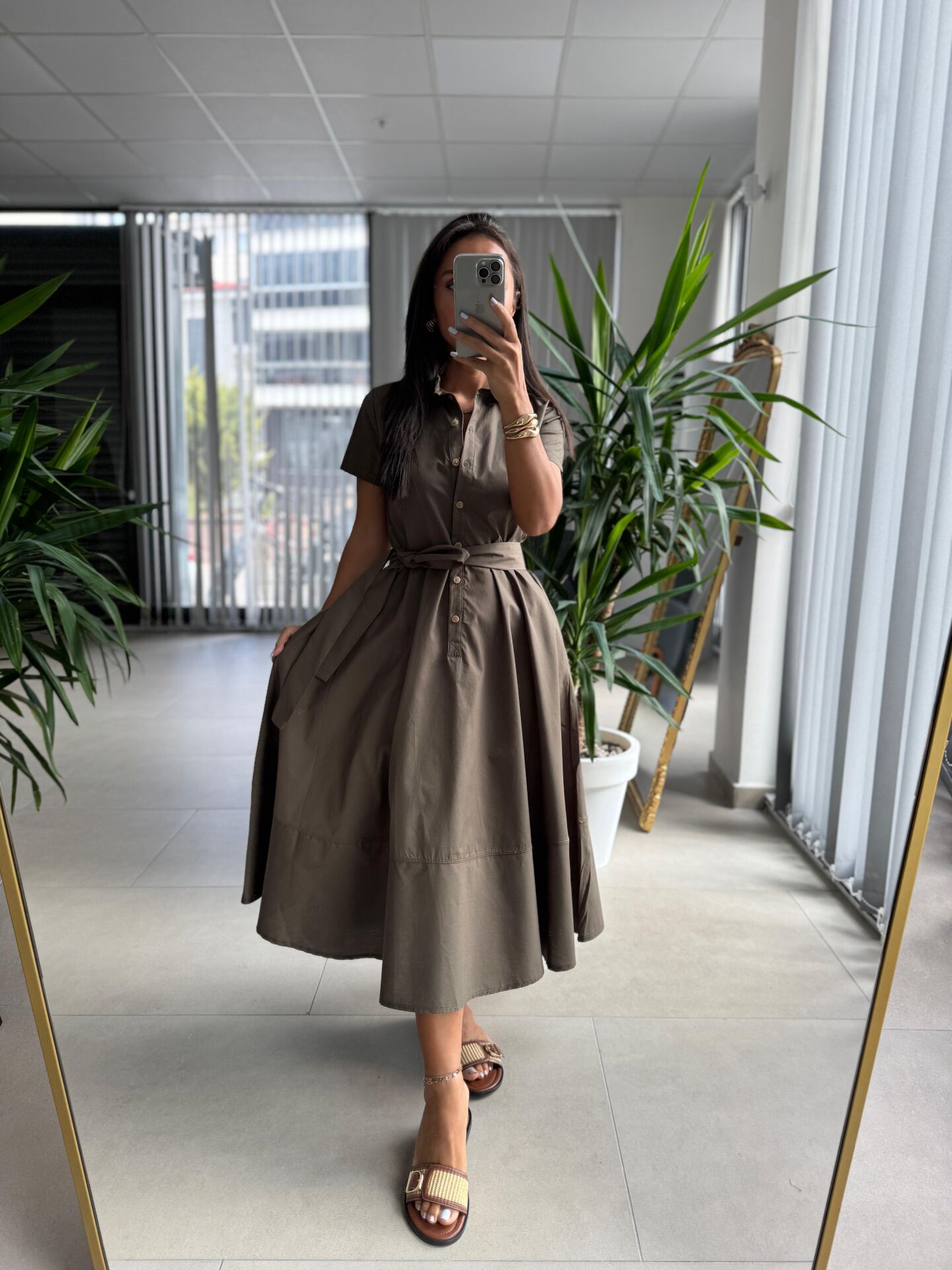 Ms 2091 Kahve Poplin Kuşaklı Gömlek Elbise