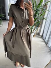 Ms 2091 Kahve Poplin Kuşaklı Gömlek Elbise