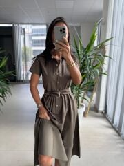 Ms 2091 Kahve Poplin Kuşaklı Gömlek Elbise