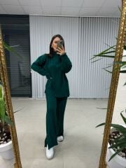 Fermuar Detaylı Yeşil Triko Takım