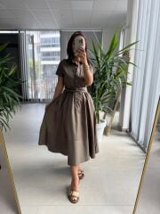 Ms 2091 Haki Poplin Kuşaklı Gömlek Elbise