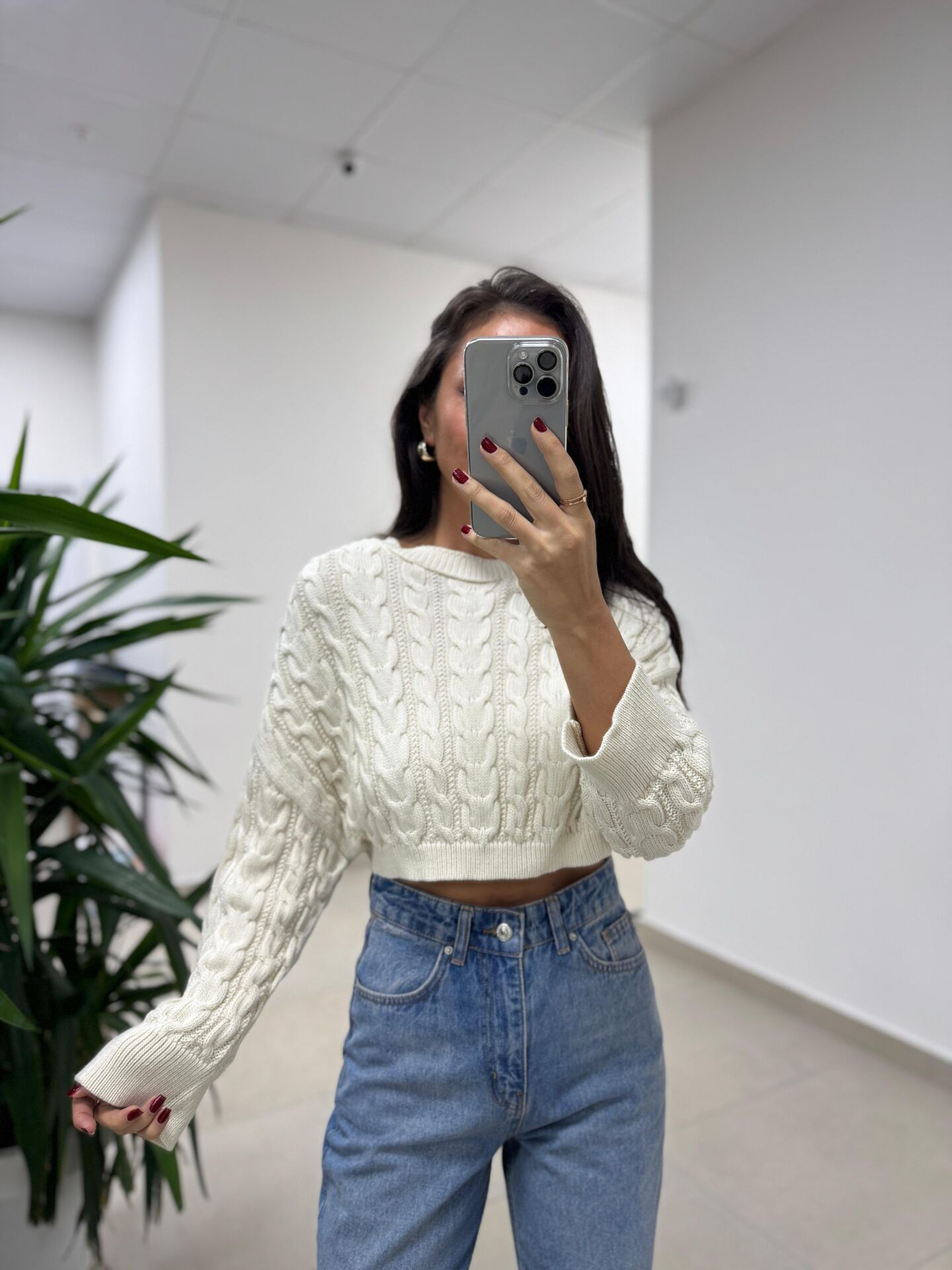 Orj. Marka Saç Örgü Detaylı Triko Crop Kazak