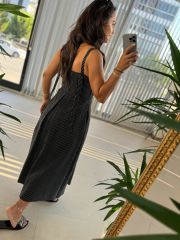 Sg Strappy Front Pleated Detail Striped Black Dress