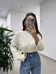 Orj. Marka Saç Örgü Detaylı Triko Crop Kazak