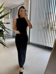 My 3714 Siyah Drapeli Kalem Elbise