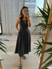 Sg Strappy Front Pleated Detail Striped Black Dress